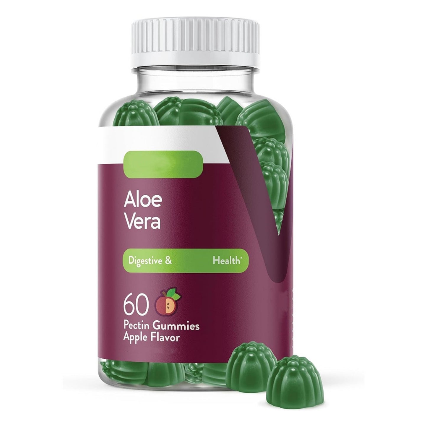 Aloe Vera Gummies bottle with green gummies for digestive health, 60 pectin gummies, apple flavor.