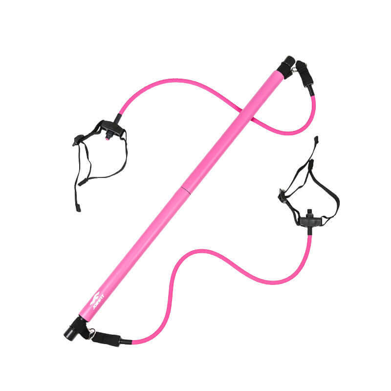 Pink Pilates fitness bar with elastic ropes for comprehensive exercise, suitable for women, 92.5cm length, 32mm diameter, for home workouts.