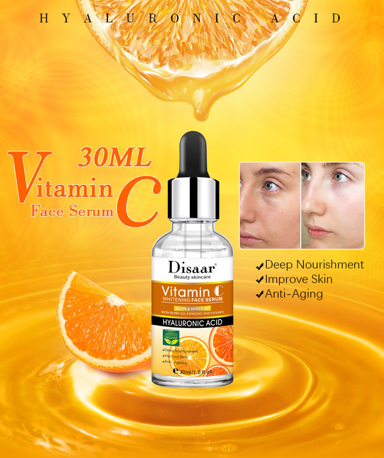 Hyaluronic Acid Vitamin C Face Serum bottle, highlighted benefits of deep nourishment, improved skin, and anti-aging effects.