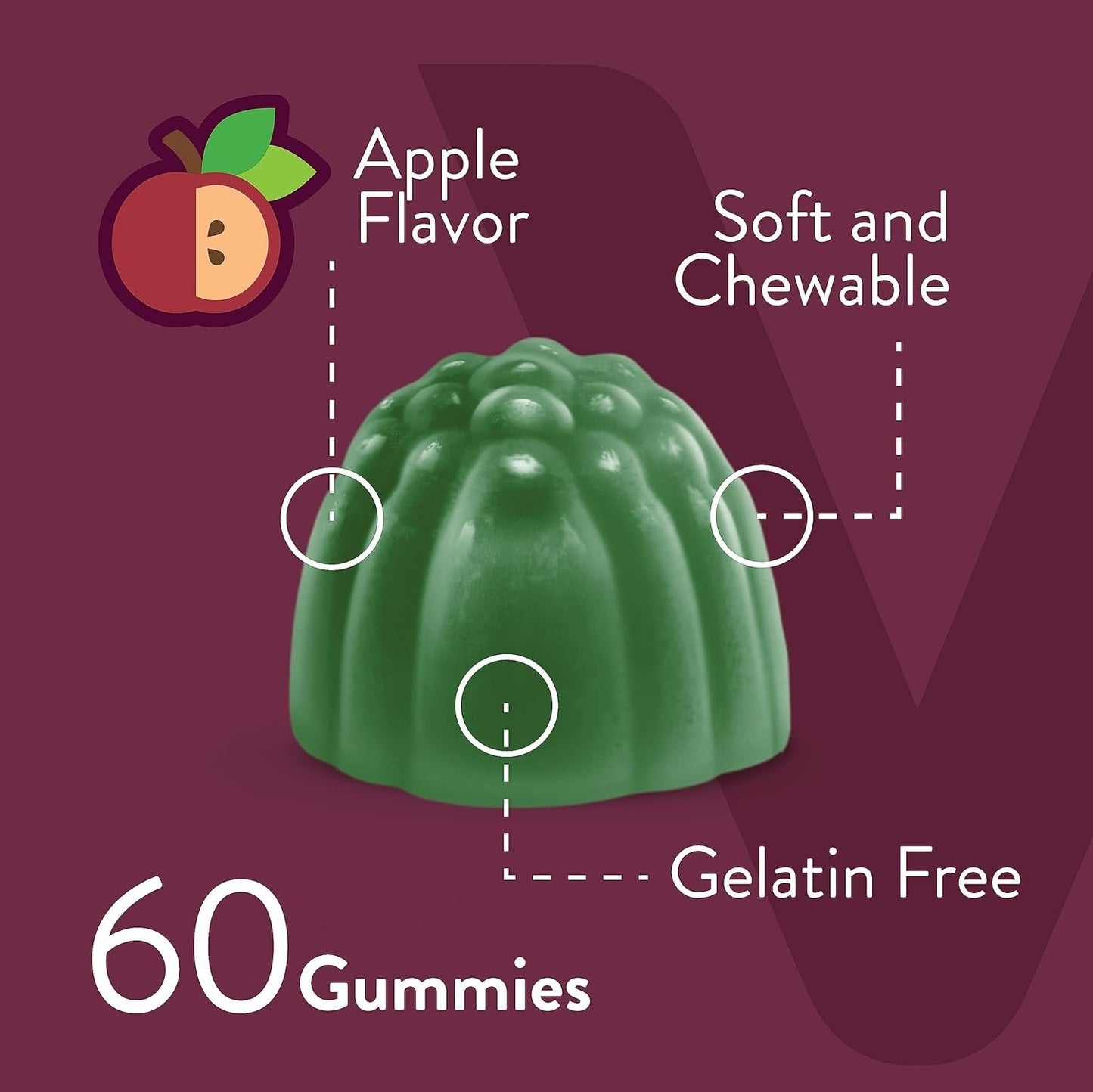 Aloe Vera Gummies, apple flavor, soft and chewy, gelatin-free, pack of 60. Perfect for a healthy, convenient snack.