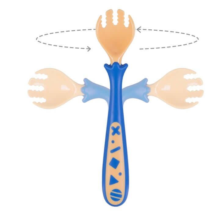 Baby learning spoon fork with rotating blue handle, ideal baby product for teaching self-feeding, made of PP, TPE, and stainless steel.
