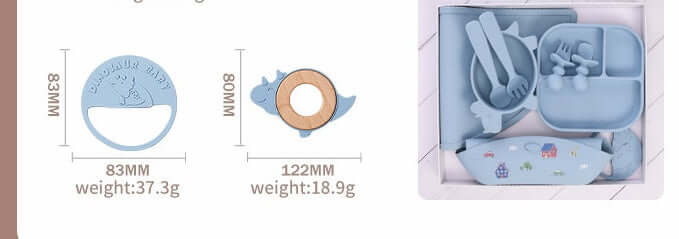 Silicone baby tableware set including mat, plate, fork, knife, and bowl in light blue color with product dimensions and weights displayed.