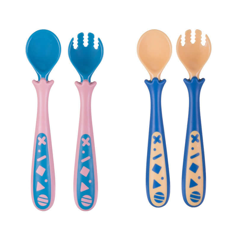 Colorful baby spoon and fork set with curved design for learning to eat, made of PP+TPE+304 stainless steel, suitable for ages 3 months and up