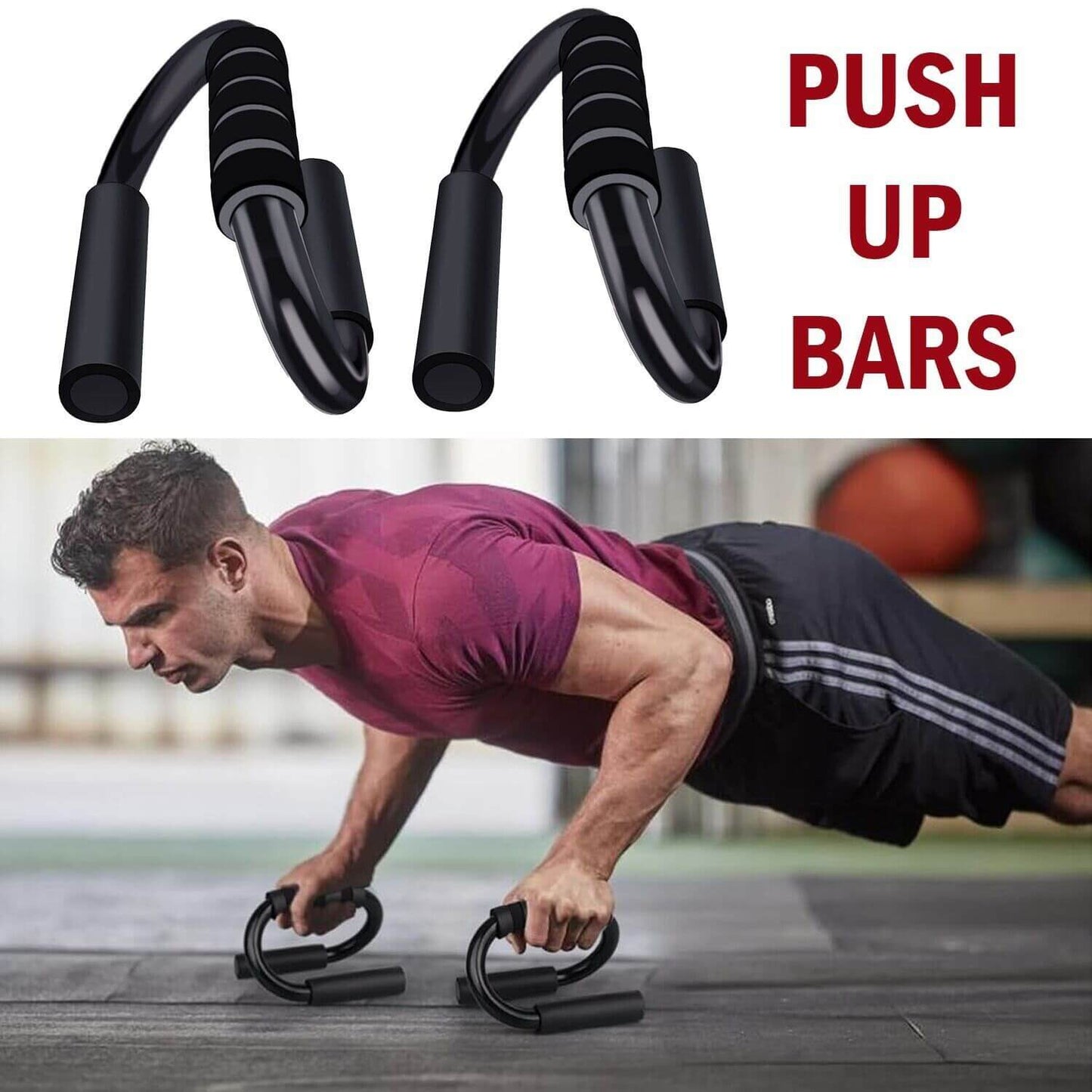 Push-up bar with S-shaped, non-slip grips for secure, effective strength workouts; ideal for home gym exercise and enhancing push-up performance