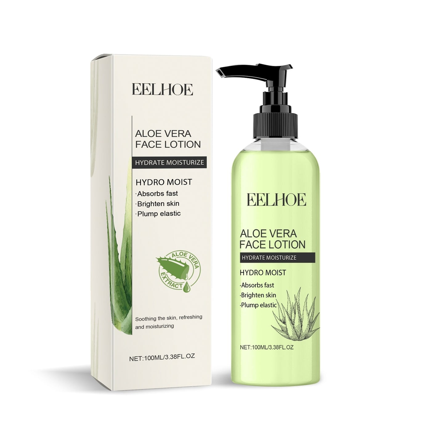 Aloe Vera Face Lotion with aloe leaf extract, hydrates and brightens skin, 100ml bottle and packaging displayed.