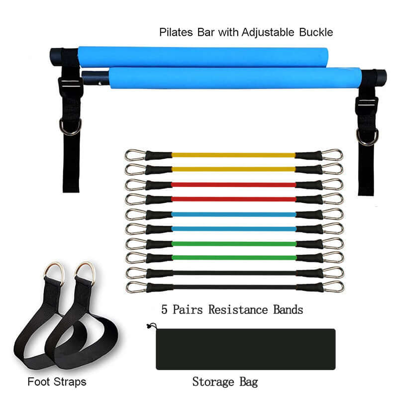"Fitness yoga Pilates bar with portable gym accessories, including sport elastic bodybuilding resistance bands for home training and versatile workout routines."