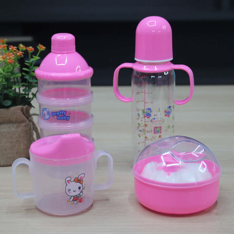 "4-piece milk bottle set for babies and toddlers, featuring essential maternal and baby products for feeding and convenience."