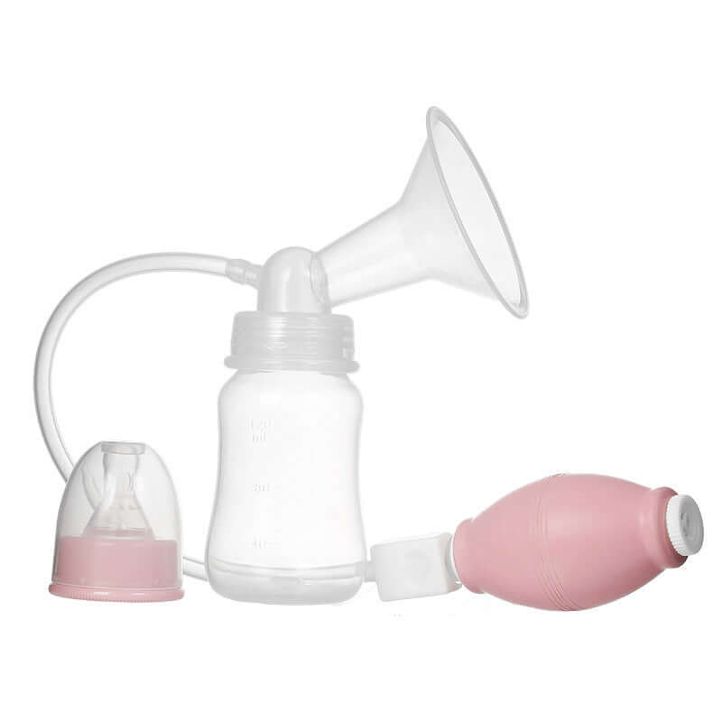 Pink silicone manual breast pump for mother and baby, hand-kneaded, with transparent bottle and accessories.