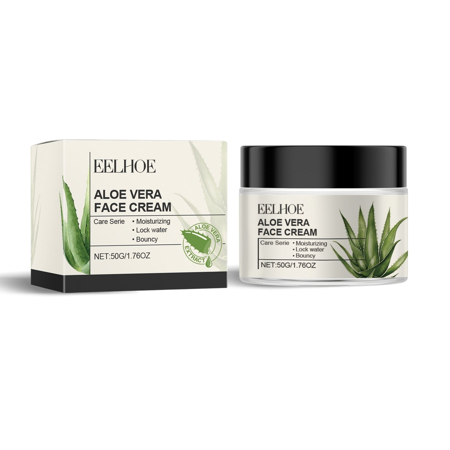 Aloe Vera Face Cream jar and box, known for moisturizing and bouncy skin benefits, enriched with aloe leaf extract and vitamins.