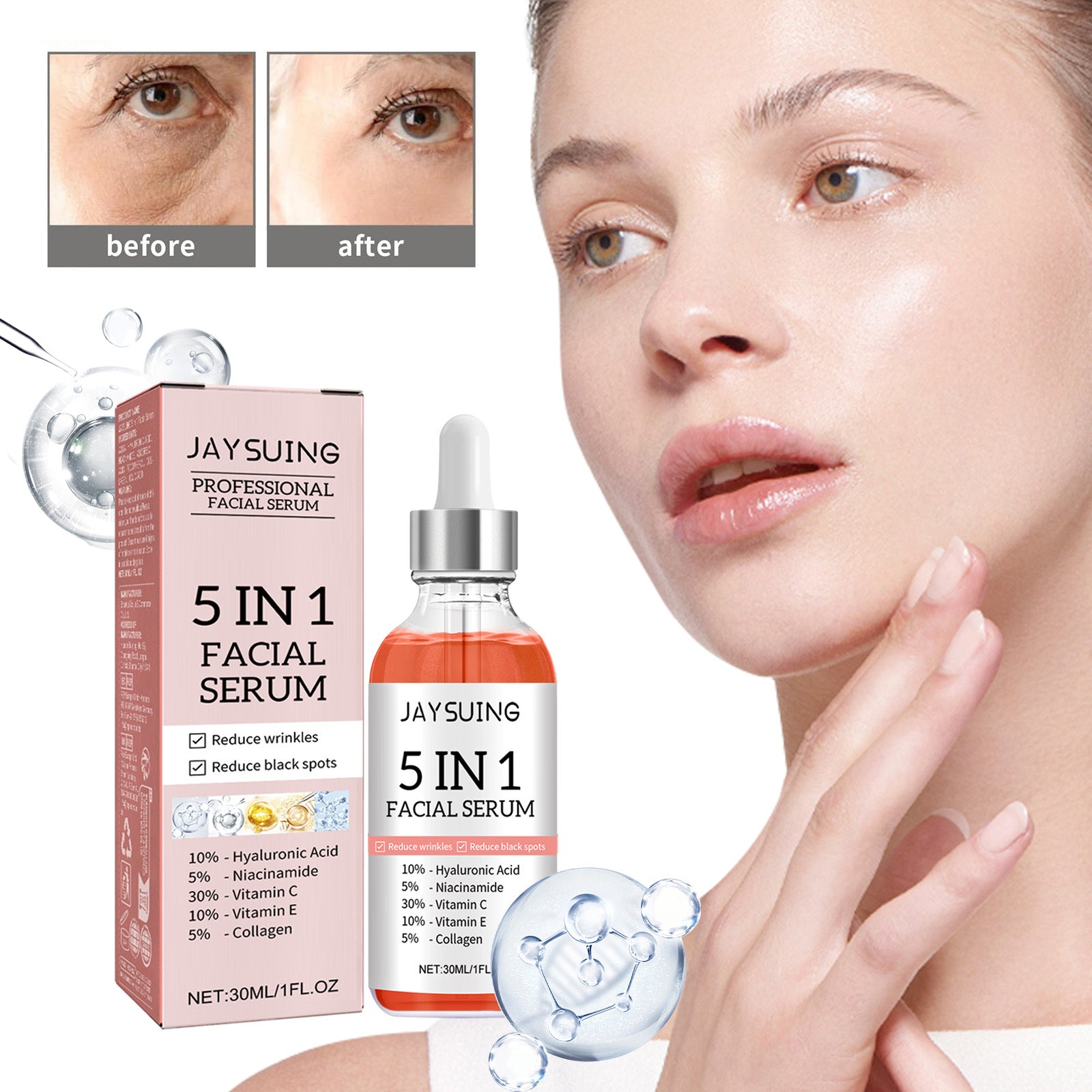 Anti-aging 5 in 1 facial serum with Vitamin C, Niacinamide, Hyaluronic Acid, and Vitamin E, smoothens and hydrates skin.