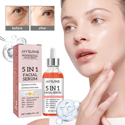 Anti-aging 5 in 1 facial serum with Vitamin C, Niacinamide, Hyaluronic Acid, and Vitamin E, smoothens and hydrates skin.