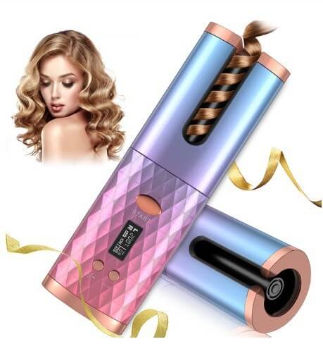 "Rechargeable Automatic Hair Curler - Portable Ceramic Curling Iron with LCD Display and Rotating Function for Waves and Curls"