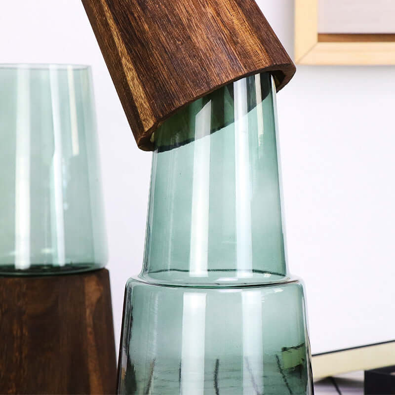 Wooden Barrel Transparent Glass Vase for Living Room - Ideal for Dried Flowers, Flower Arrangements, and Desktop Floral Decorations