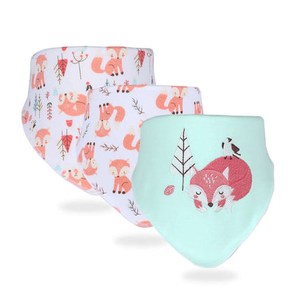 Simple printed cotton saliva towels for babies with adorable fox patterns for anti-fouling, 3-pack in forest fox design.