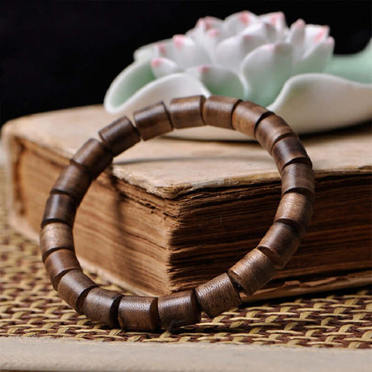 "Agarwood Barrel Bead Bracelet - Black Oil Wooden Bracelet for Men and Women"