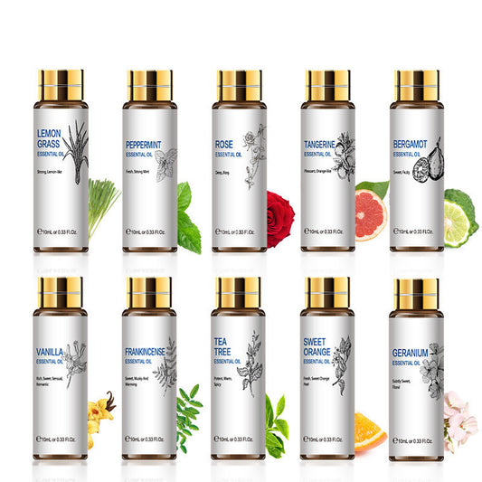 Assorted essential oils including lemongrass, peppermint, rose, and tea tree in 10ml bottles for aromatherapy and skincare.