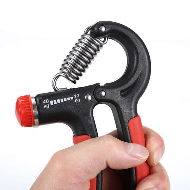 Hand holding adjustable 10kg-40kg grip strengthener, professional fitness gear for finger, hand, wrist, and forearm exercises.