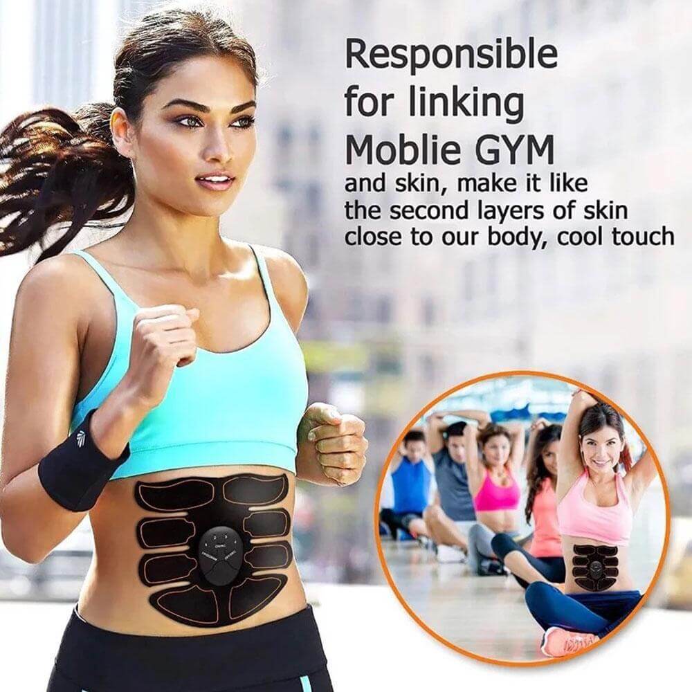Woman wearing fitness abdominal patch for home exercise, promoting mobile gym and cool touch skin layer benefits.