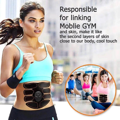 Woman wearing fitness abdominal patch for home exercise, promoting mobile gym and cool touch skin layer benefits.