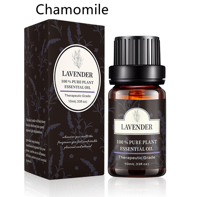 Lavender essential oil bottle and packaging labeled chamomile, 10ml, therapeutic grade, pure plant aromatherapy product.
