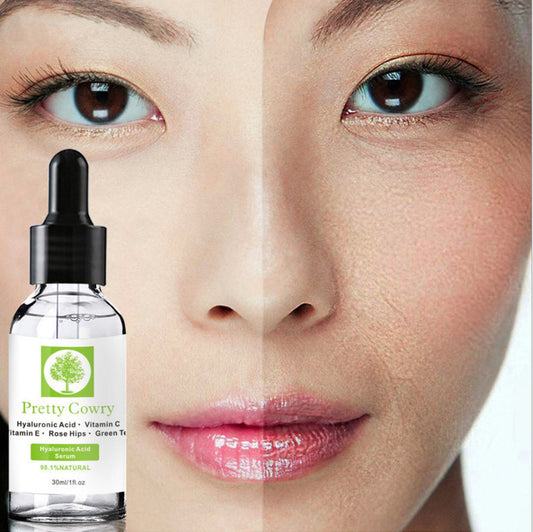 Pretty Cowry Vitamin C Serum bottle with a woman's face showing before and after effects, highlighting skin brightening and moisturizing benefits.