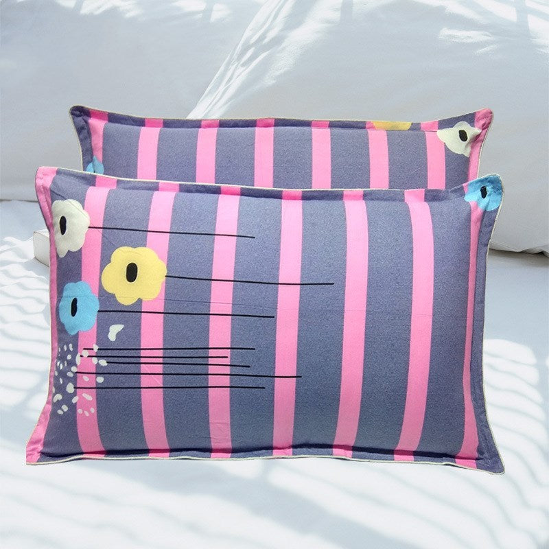Striped floral pillowcases in purple and pink cotton twill fabric. Ecological bedding with polyester blend for simple style.