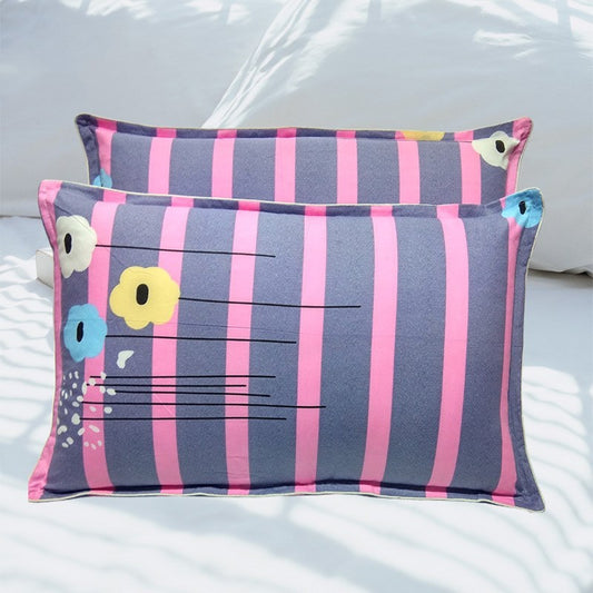 Striped floral pillowcases in purple and pink cotton twill fabric. Ecological bedding with polyester blend for simple style.