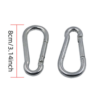 Two 8cm carabiner clips for DIY exercise equipment pull-up strap, made of durable metal.