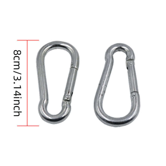 Two 8cm carabiner clips for DIY exercise equipment pull-up strap, made of durable metal.