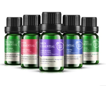 Essential oils set including tea tree, rose, and lavender for moisturizing and skin nourishment in 10ml bottles.