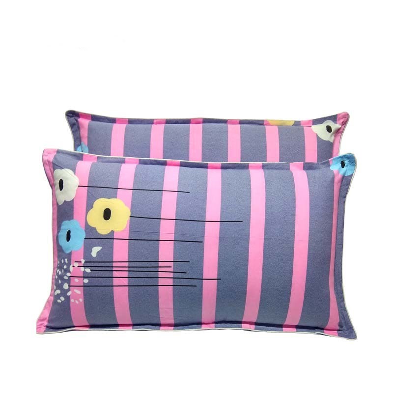 Pink and blue striped cotton twill pillowcases with floral design, eco-friendly polyester blend, simple bedding style.