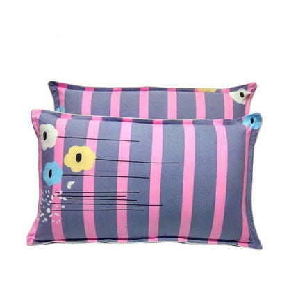 Pink and blue striped cotton twill pillowcases with floral design, eco-friendly polyester blend, simple bedding style.