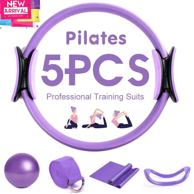 "5PCS yoga ball, magic ring, and Pilates circle set for exercise equipment; includes resistance support tools and stretch bands for comprehensive workout and fitness training."