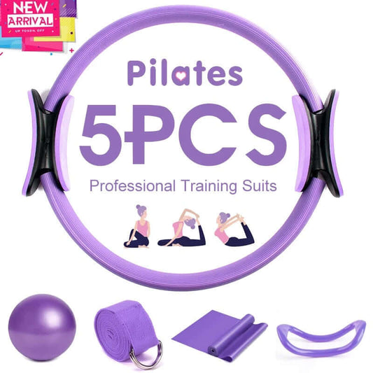"5PCS yoga ball, magic ring, and Pilates circle set for exercise equipment; includes resistance support tools and stretch bands for comprehensive workout and fitness training."