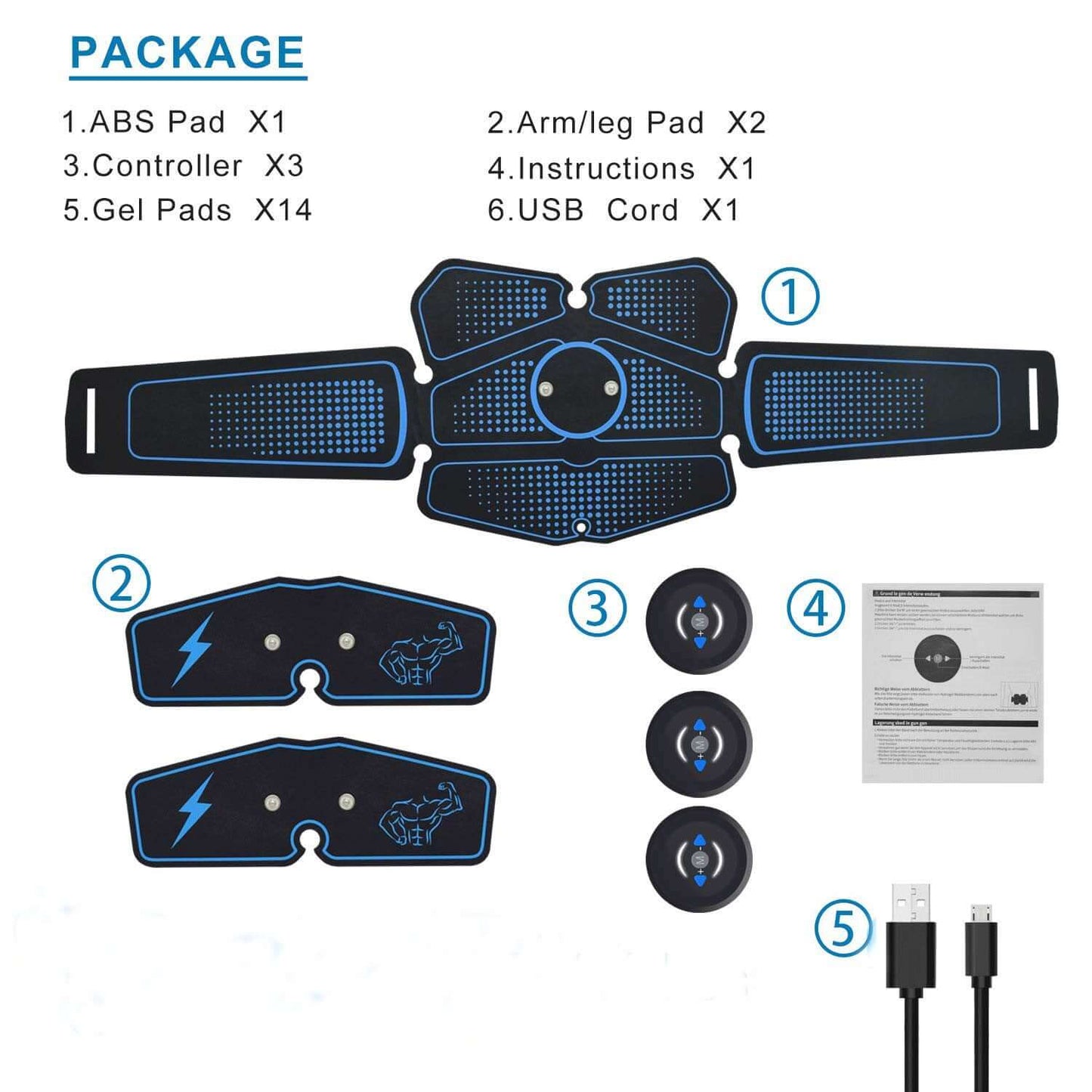 Package contents of Smart Abdominal Exercise Muscle Fitness Equipment including ABS pad, arm/leg pad, controllers, gel pads, and USB cord.