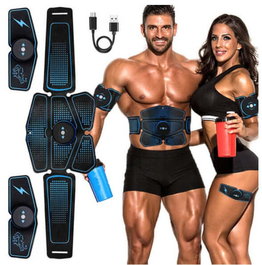 Smart abdominal exercise muscle fitness equipment with low-frequency pulse massage, showcasing two fit individuals using the device.
