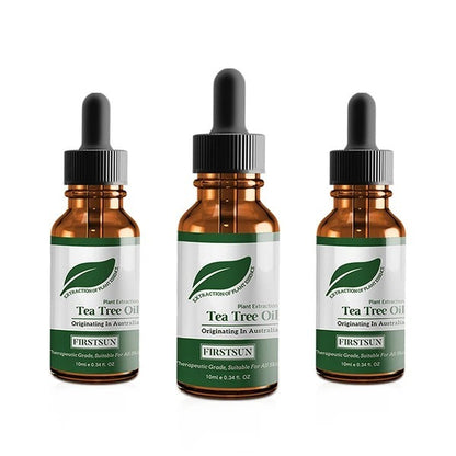 Firstsun tea tree essential oil bottles for face moisturizing, originating in Australia, 10ml each, with droppers.