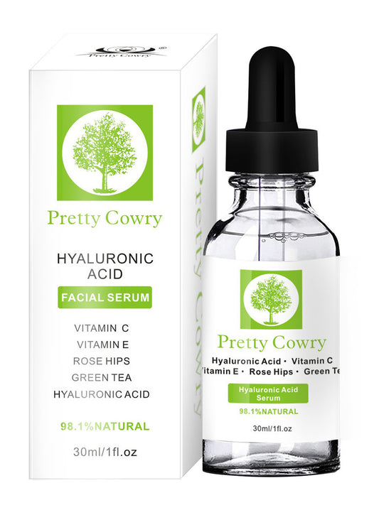 Pretty Cowry Hyaluronic Acid Facial Serum with Vitamin C, Vitamin E, Rose Hips, Green Tea, and Hyaluronic Acid, 30ml bottle and box.