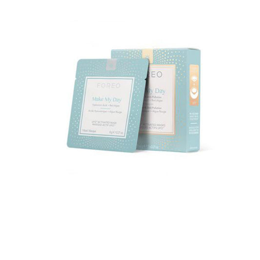 Foreo Make My Day hydrating skincare mask packaging in light blue featuring moisturizing and anti-pollution benefits.