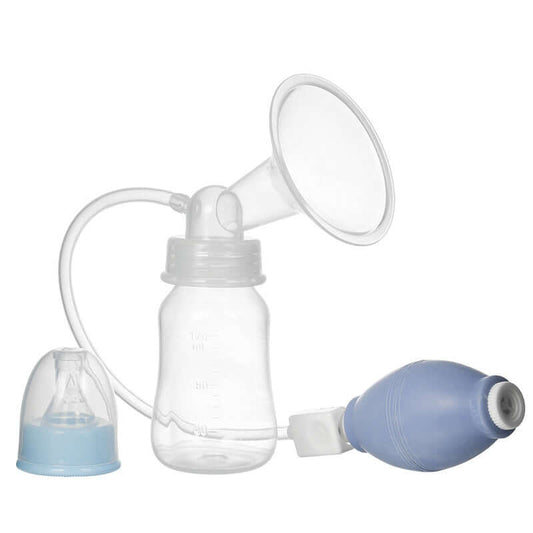 Pink and blue silicone breast pump for mother and baby products.
