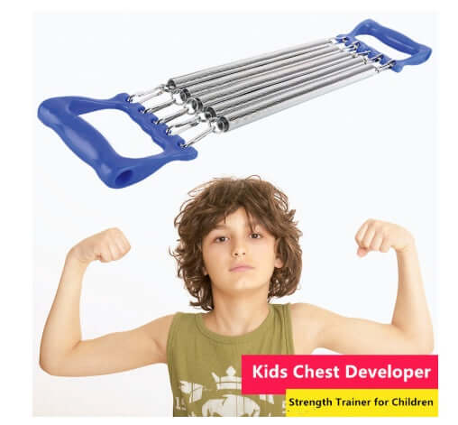 Kids chest developer strength trainer for children with blue handles and metal springs.