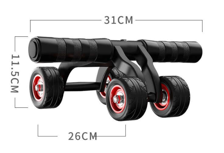 Four-wheel abdominal muscle exercise fitness equipment with soft foam handle and PVC outer rings, dimensions: 31cm x 11.5cm x 26cm.