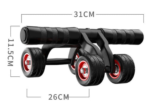 Four-wheel abdominal muscle exercise fitness equipment with soft foam handle and PVC outer rings, dimensions: 31cm x 11.5cm x 26cm.
