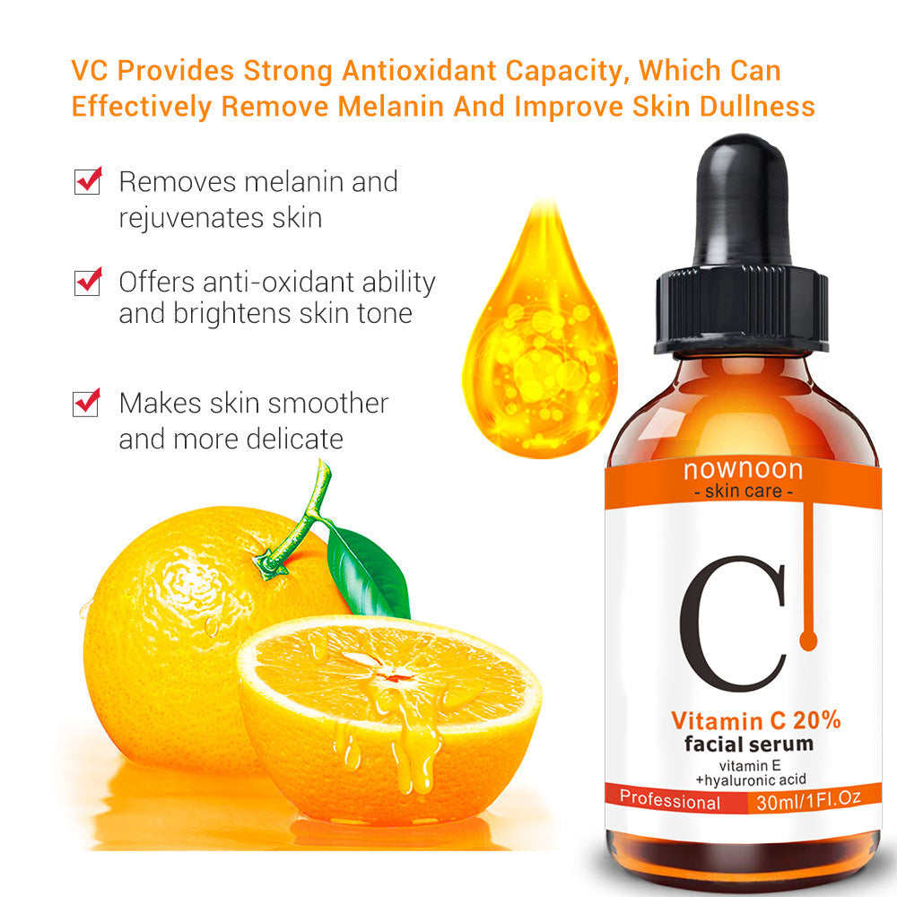 Vitamin C facial serum with anti-oxidant benefits, brightens skin tone and removes melanin, 30ml bottle with orange and dropper illustration.