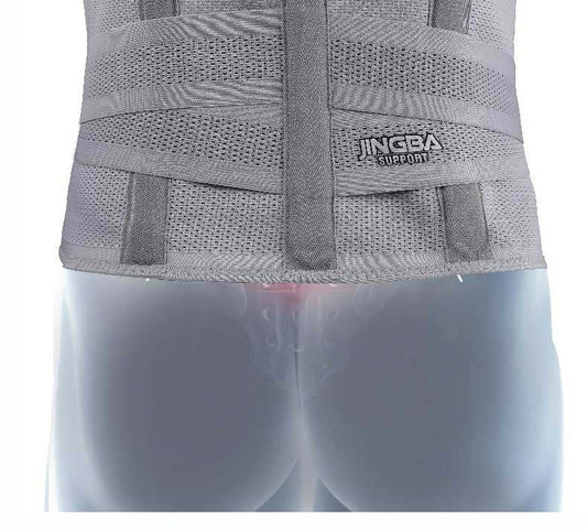 Grey polyester fiber exercise waist protector shown on a model, suitable for running, cycling, martial arts, and various fitness activities.