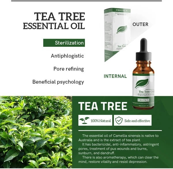Firstsun tea tree essential oil for moisturizing, pore refining, and beneficial psychology, with natural antiseptic properties.