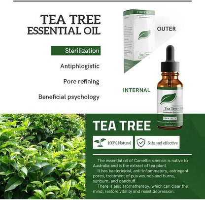 Firstsun tea tree essential oil for moisturizing, pore refining, and beneficial psychology, with natural antiseptic properties.
