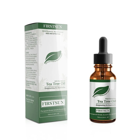 Firstsun tea tree essential oil bottle and packaging, moisturizing for general skin, shelf life 3 years, face care product.