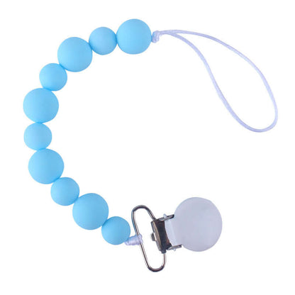 Blue silicone pacifier clip chain for babies, 24cm long, designed to prevent pacifier drops, suitable for 3+ months.