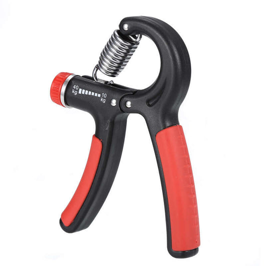 Adjustable single hand power grip for fitness, 10kg-40kg tension range, ergonomic design, black and red, portable exercise equipment.